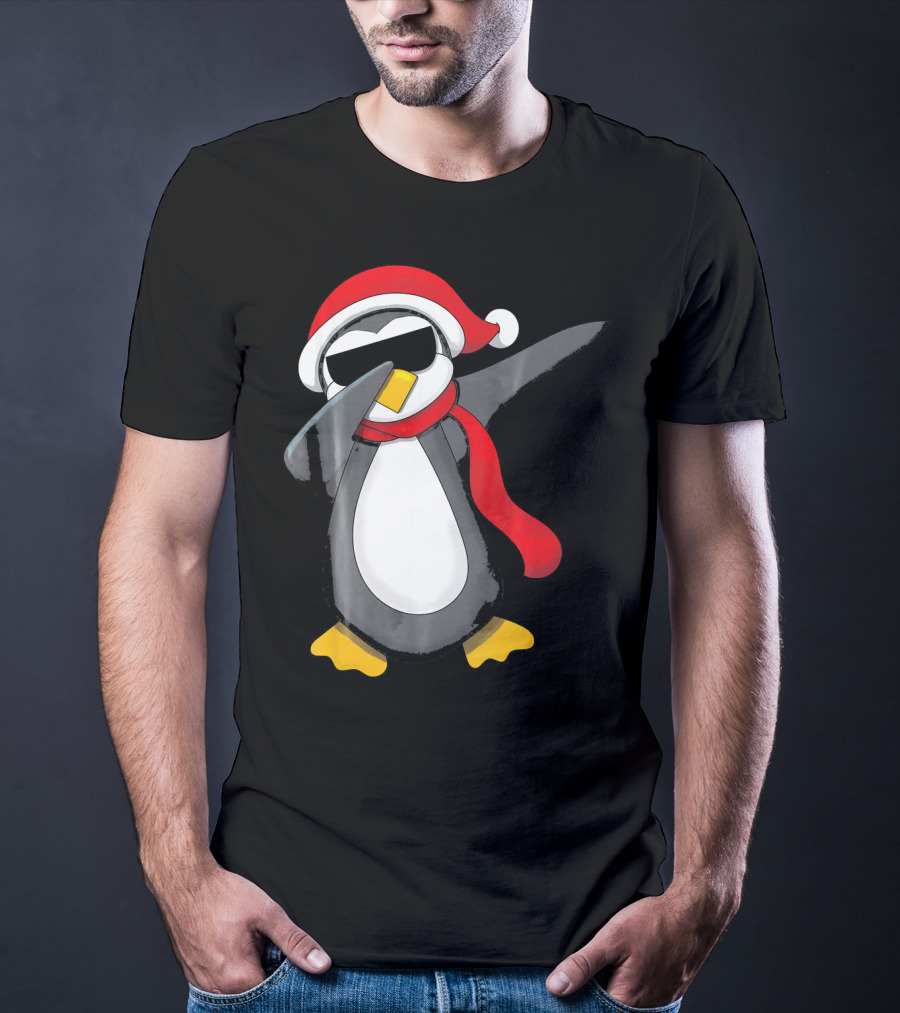Dabbing Penguin Christmas Mornin Santa Hat Scarf Holiday Fun T-Shirt