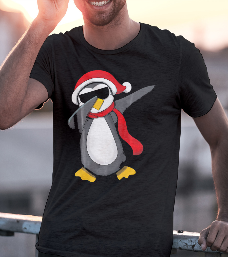 Dabbing Penguin Christmas Mornin Santa Hat Scarf Holiday Fun T-Shirt