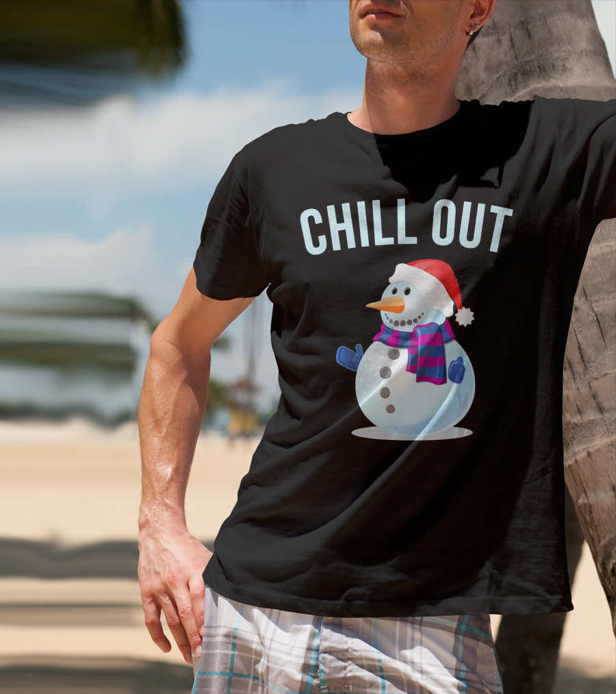 Chill Out Snowman Santa Hat And Scarf Winter Vibes T-Shirt