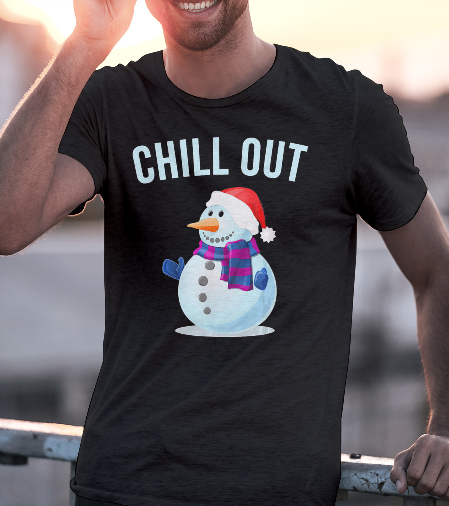 Chill Out Snowman Santa Hat And Scarf Winter Vibes T-Shirt