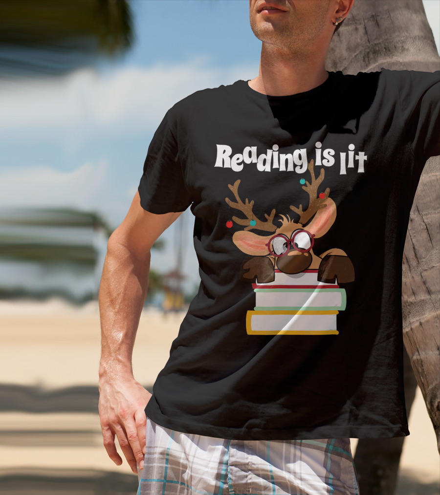Reading Is Lit Reindeer With Books And Glasses T-Shirt