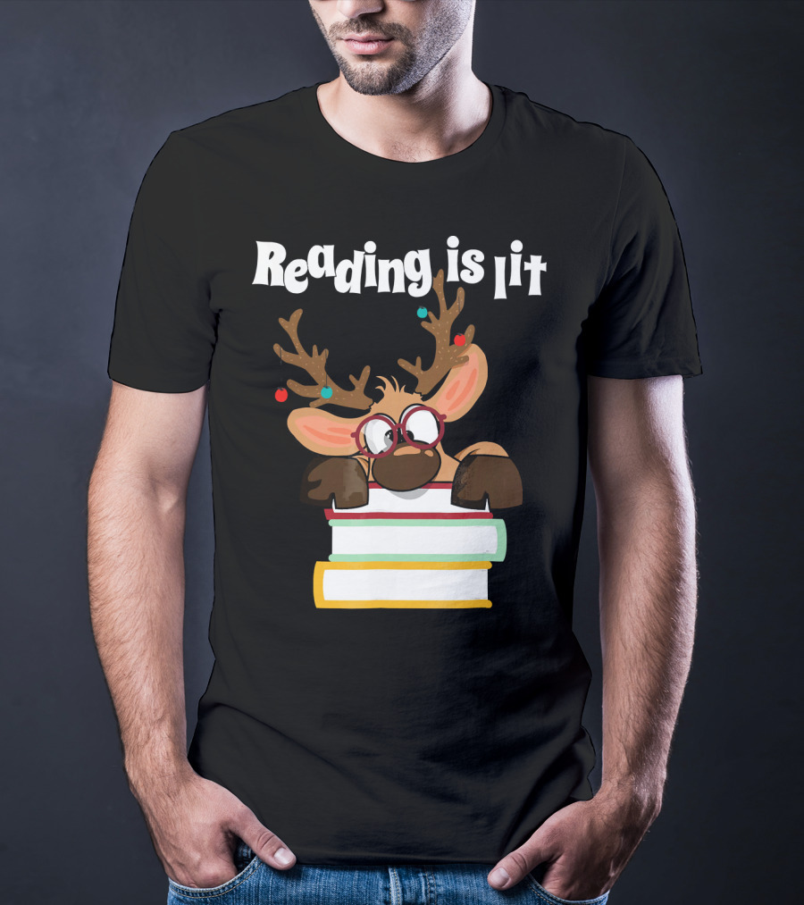 Reading Is Lit Reindeer With Books And Glasses T-Shirt