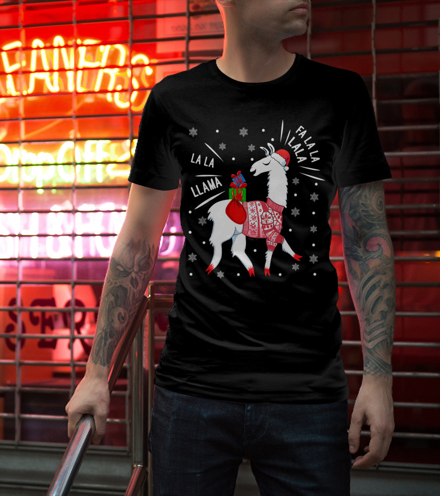 Fa La La Fa La La La La Llama Christmas Santa Hat Sweater Snowflakes T-Shirt