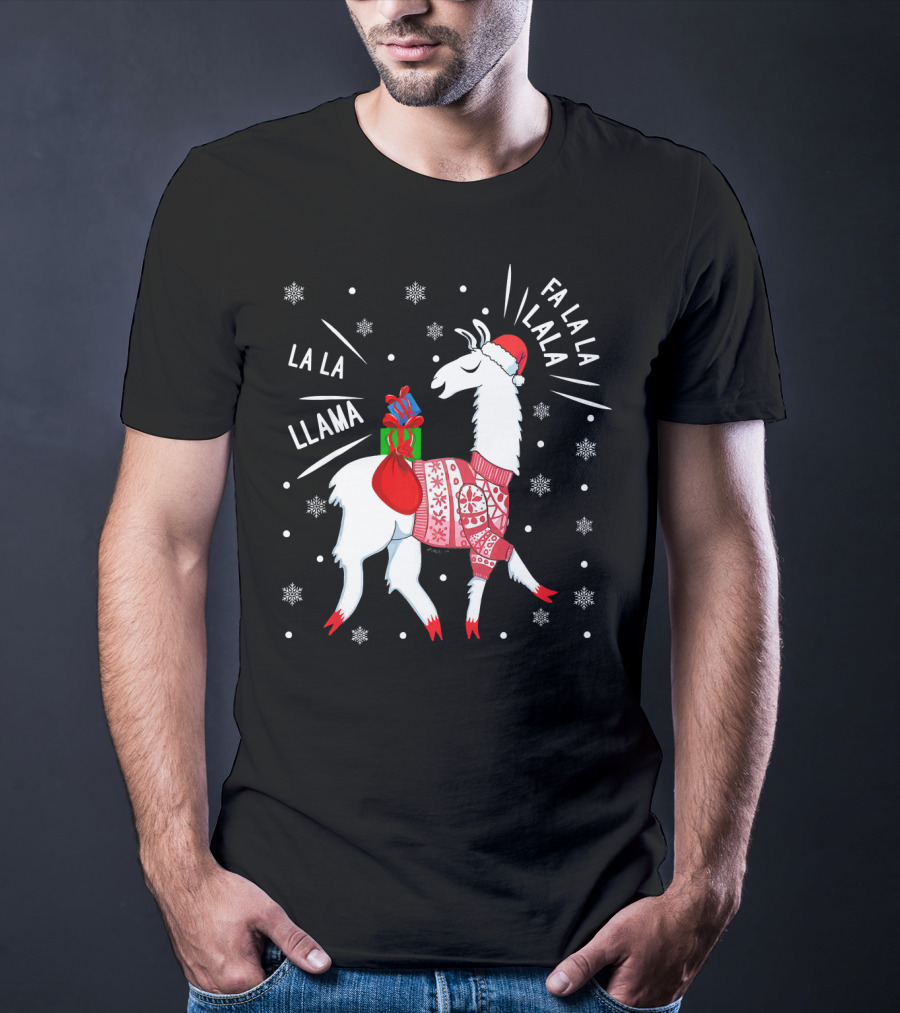 Fa La La Fa La La La La Llama Christmas Santa Hat Sweater Snowflakes T-Shirt