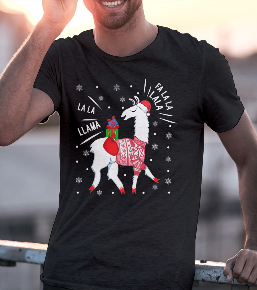 Fa La La Fa La La La La Llama Christmas Santa Hat Sweater Snowflakes T-Shirt