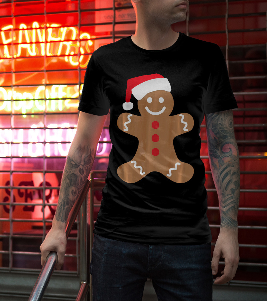 Gingerbread Man With Santa Hat Christmas T-Shirt