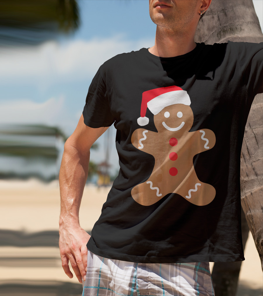 Gingerbread Man With Santa Hat Christmas T-Shirt