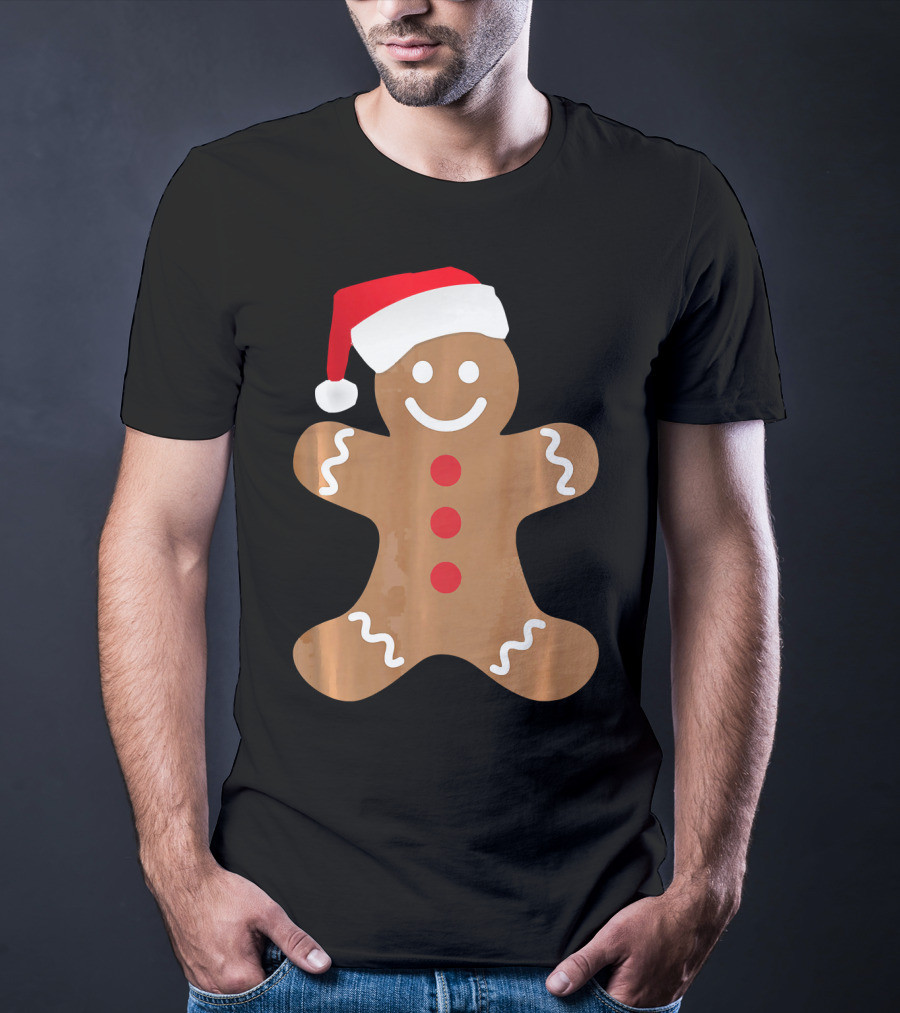 Gingerbread Man With Santa Hat Christmas T-Shirt