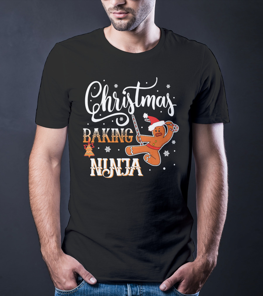 Christmas Baking Ninja Gingerbread With Santa Hat And Candy Cane T-Shirt