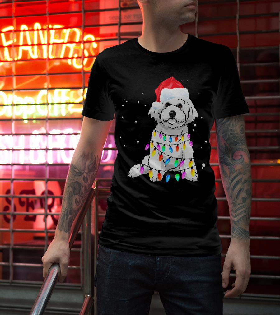 Bichon Frise With Christmas Lights And Santa Hat T-Shirt