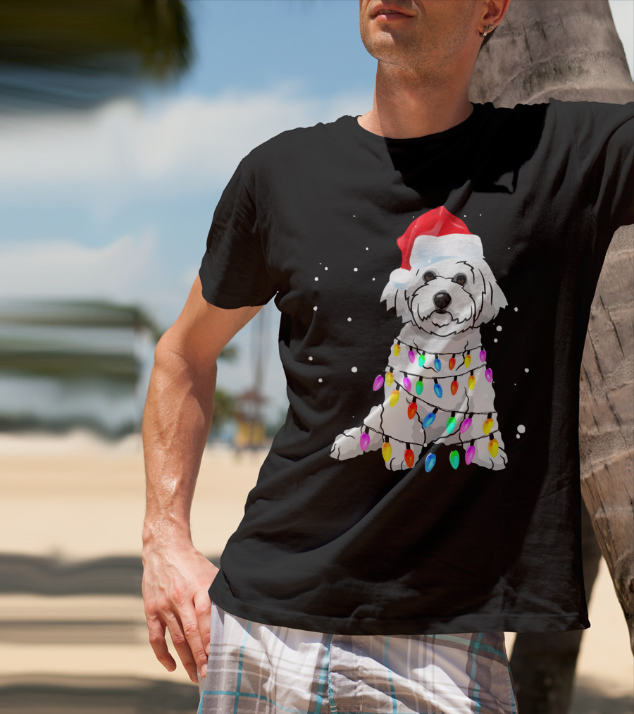 Bichon Frise With Christmas Lights And Santa Hat T-Shirt