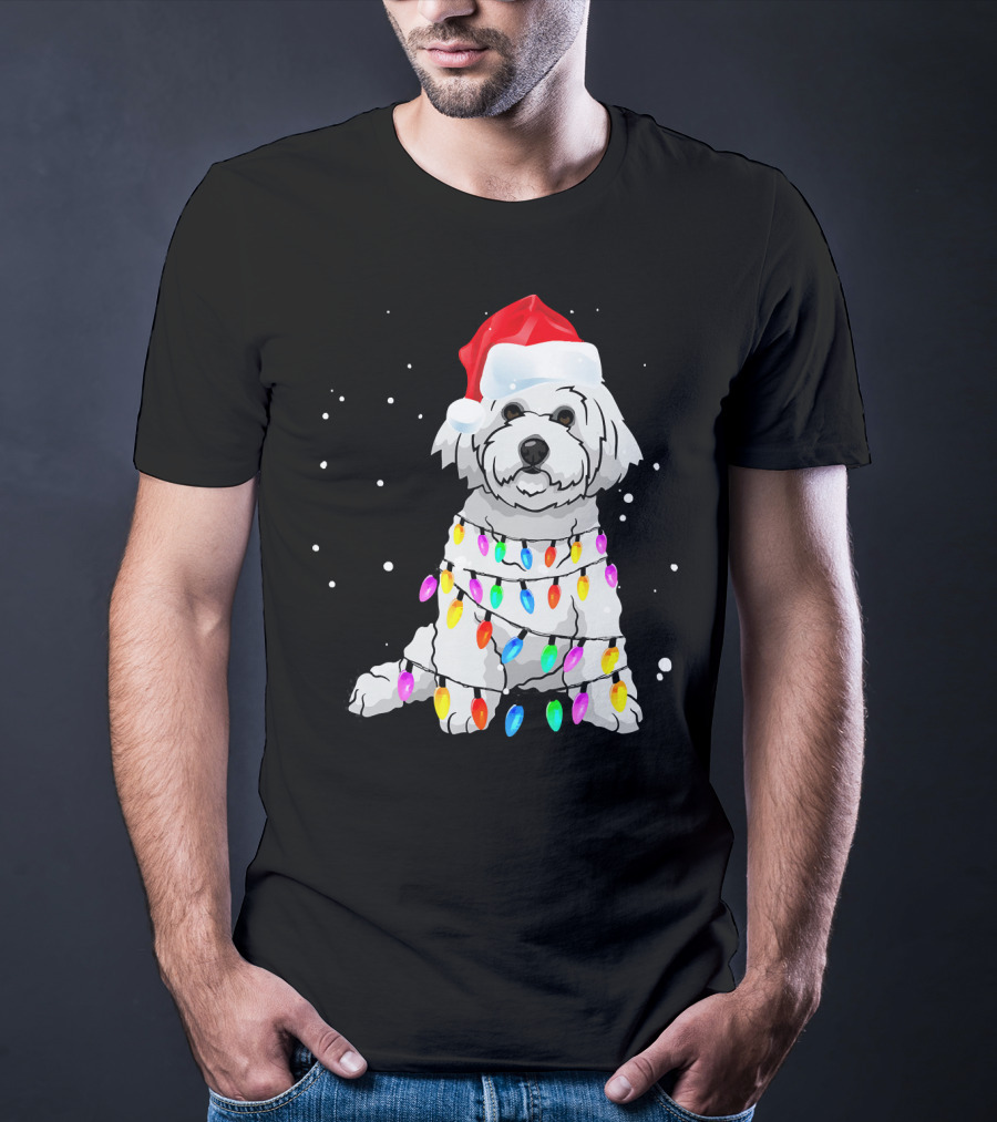 Bichon Frise With Christmas Lights And Santa Hat T-Shirt