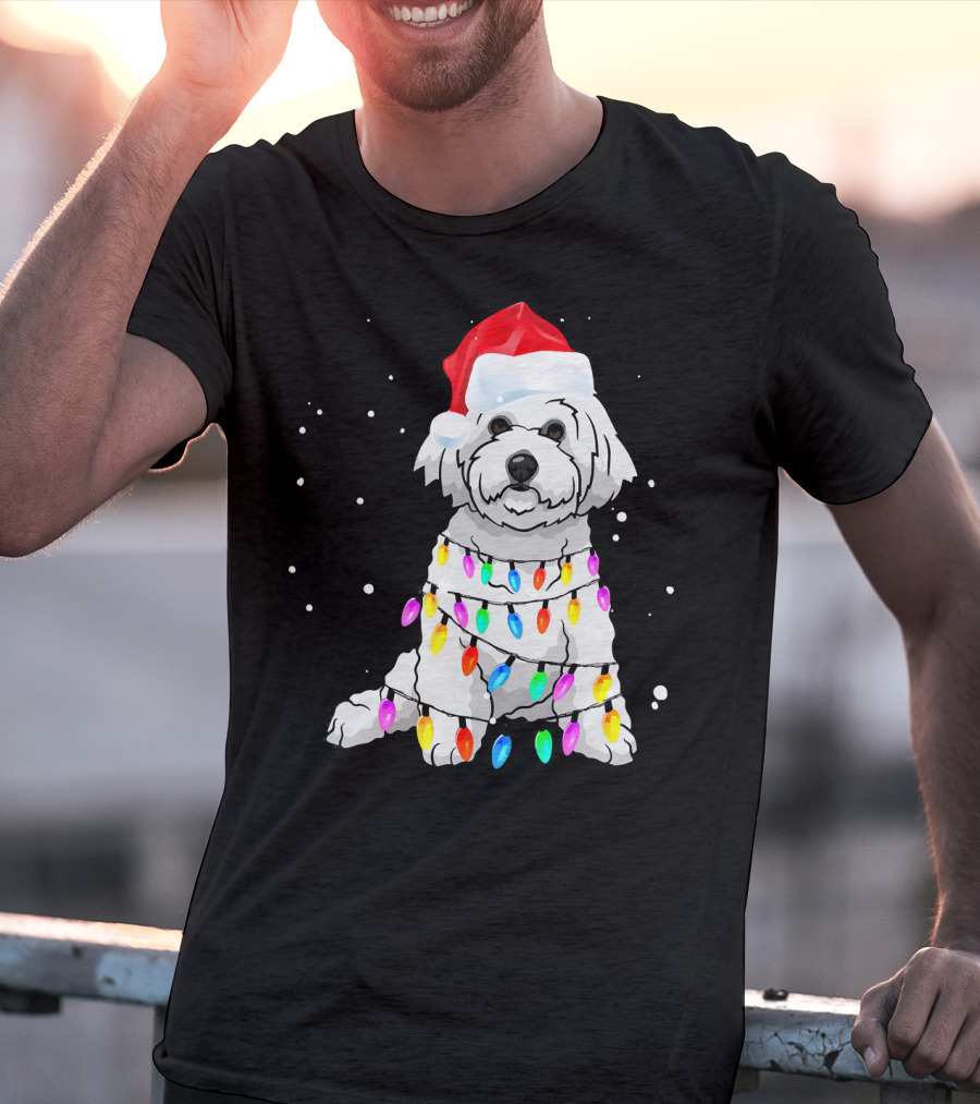 Bichon Frise With Christmas Lights And Santa Hat T-Shirt