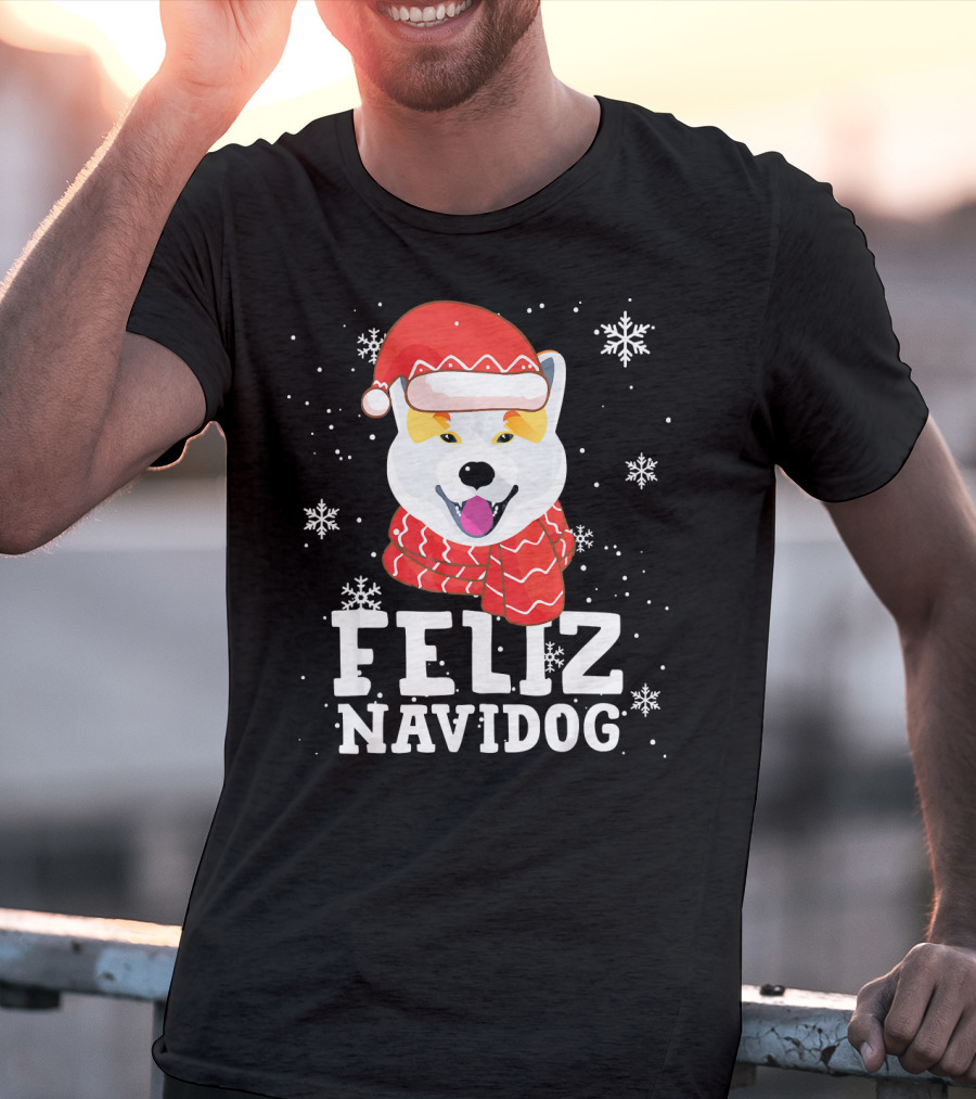 Feliz Navidog Shiba Inu Santa Hat Snowflakes T-Shirt