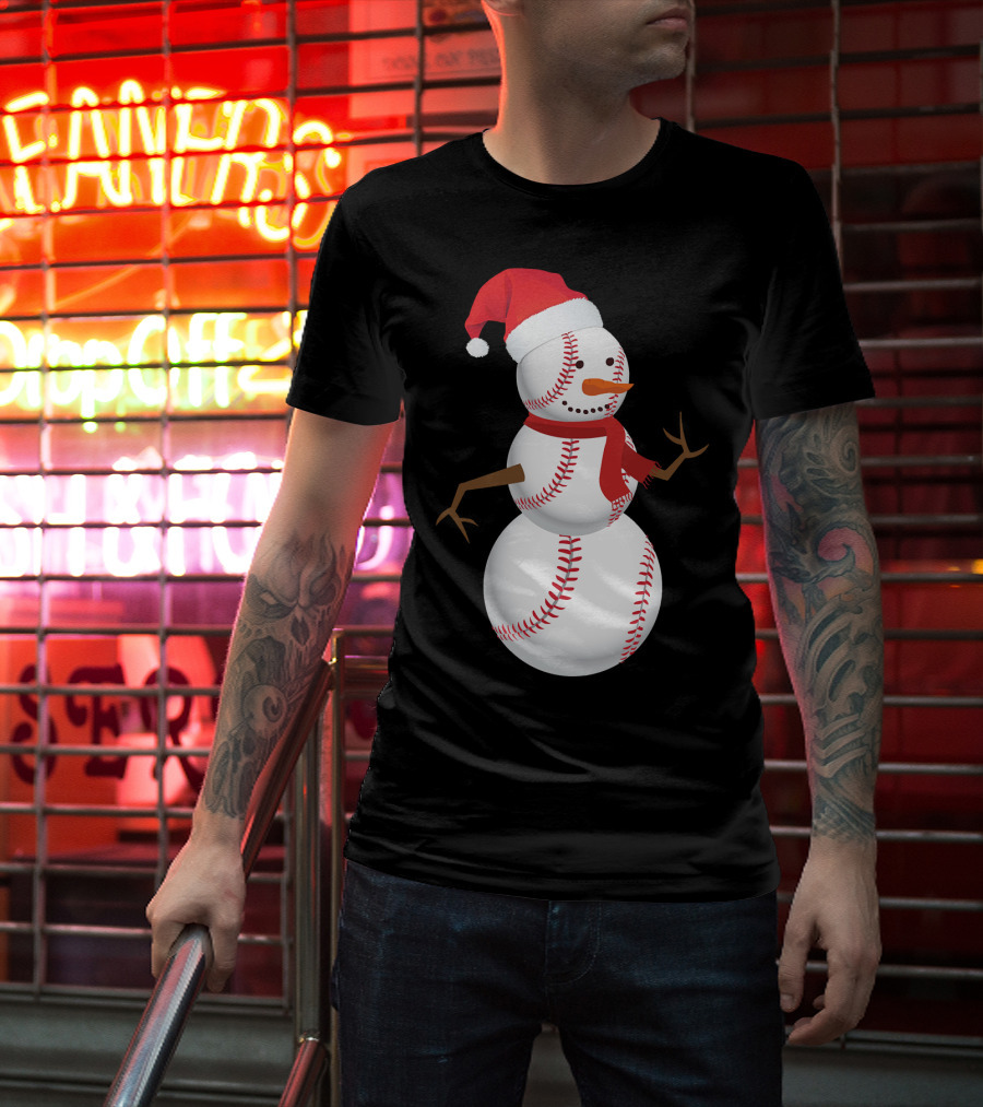 Snowman Made Of Baseballs With Santa Hat And Scarf T-Shirt