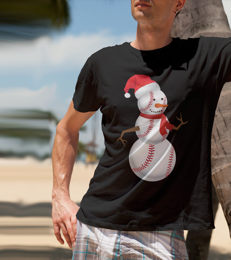 Snowman Made Of Baseballs With Santa Hat And Scarf T-Shirt