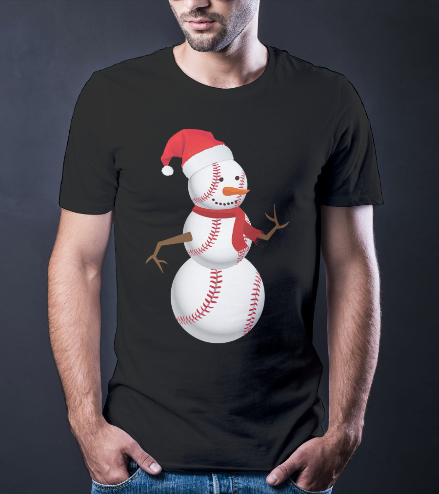 Snowman Made Of Baseballs With Santa Hat And Scarf T-Shirt