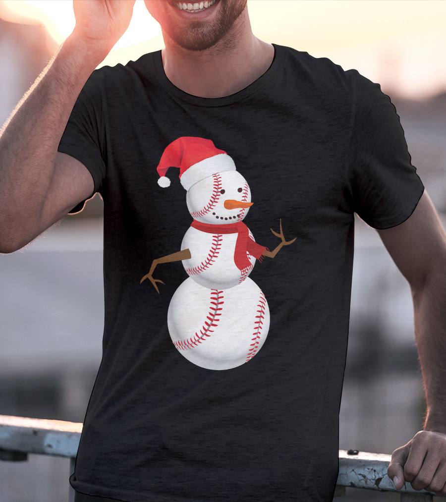 Snowman Made Of Baseballs With Santa Hat And Scarf T-Shirt
