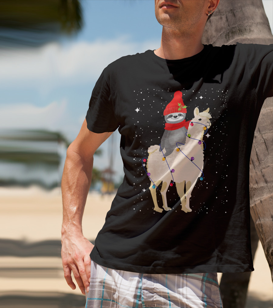 Sloth In Red Beanie And Scarf Riding Llama With Christmas Lights T-Shirt