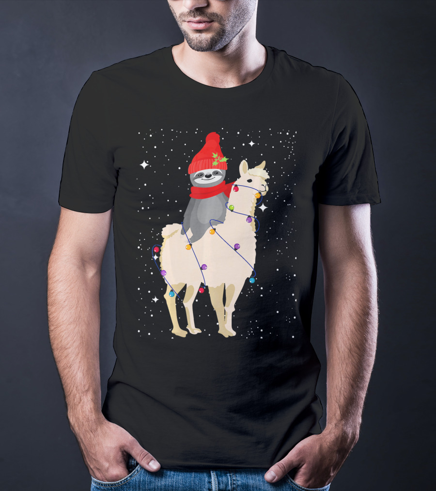Sloth In Red Beanie And Scarf Riding Llama With Christmas Lights T-Shirt