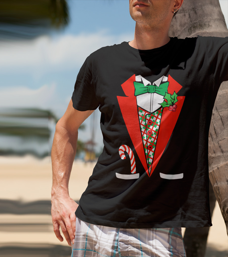 Candy Cane Green Red Tuxedo With Holly Bow Tie T-Shirt
