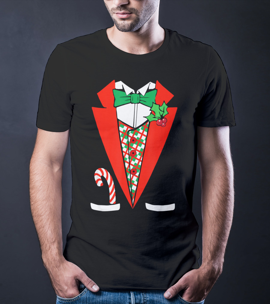Candy Cane Green Red Tuxedo With Holly Bow Tie T-Shirt