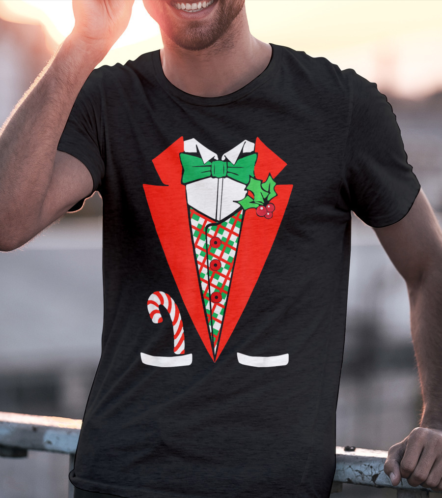 Candy Cane Green Red Tuxedo With Holly Bow Tie T-Shirt