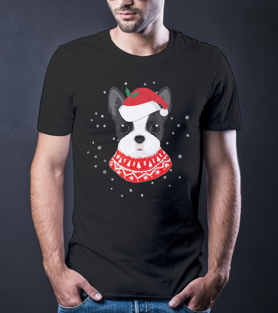 Boston Terrier In Santa Claus Hat With Festive Sweater And Snowflakes T-Shirt