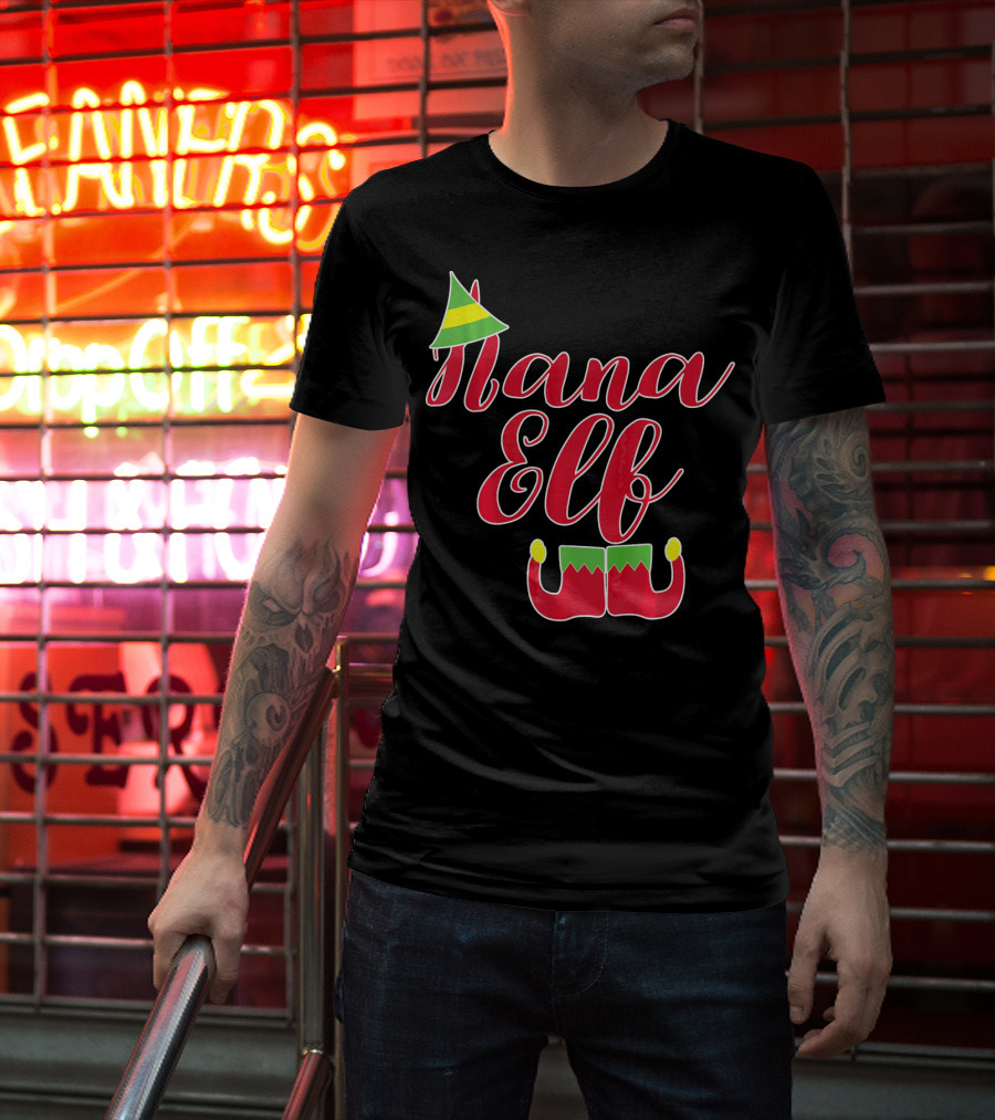 Nana Elf Funny Christmas With Elf Hat And Shoes T-Shirt