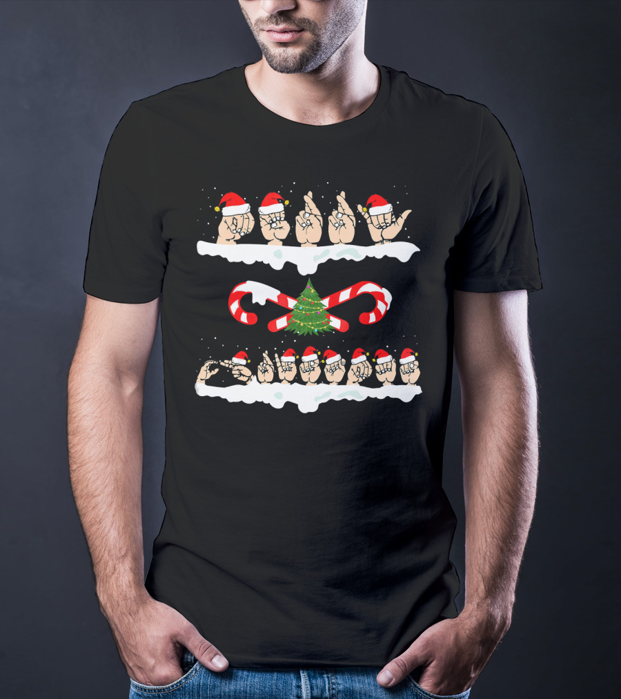 Merry Christmas American Sign Language Santa Hats Candy Cane Snowflake Tree T-Shirt