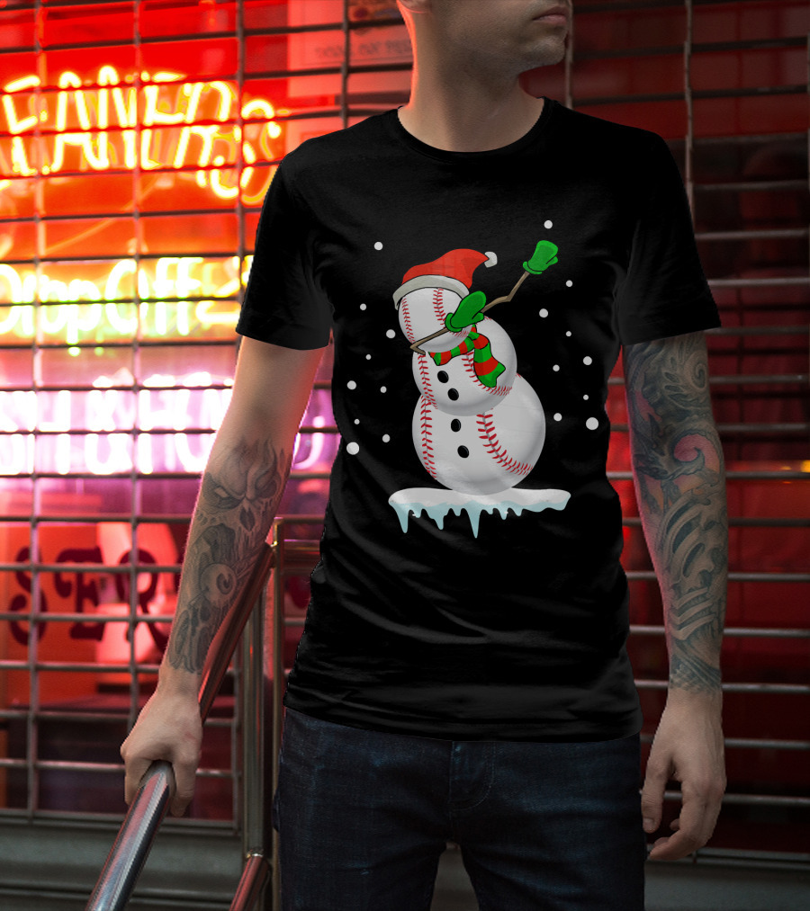 Dabbing Snowman Baseball Christmas Fun T-Shirt