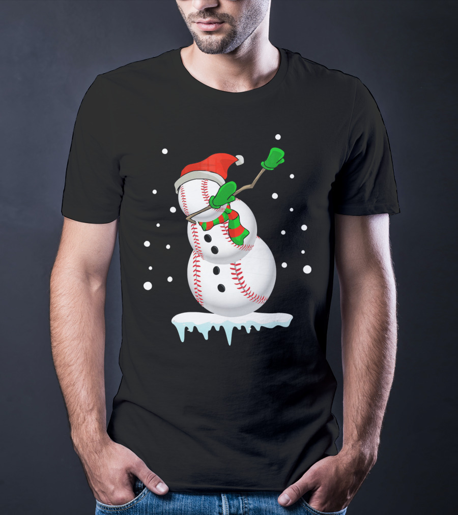 Dabbing Snowman Baseball Christmas Fun T-Shirt
