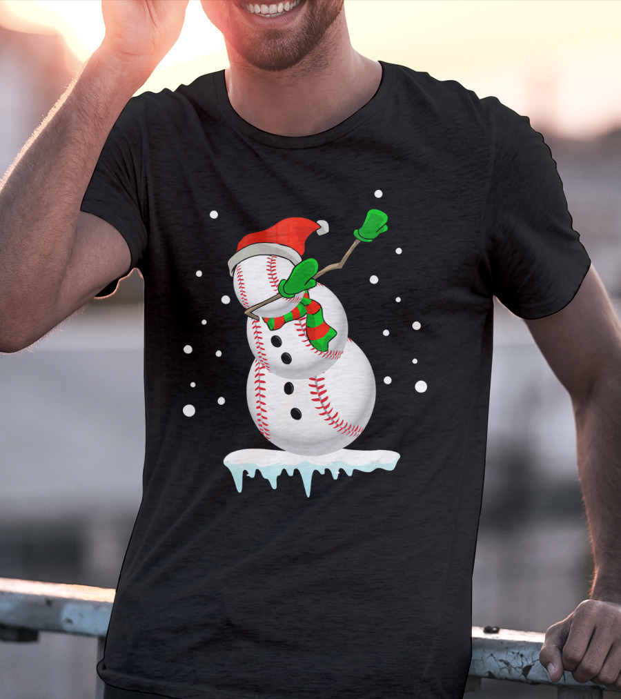Dabbing Snowman Baseball Christmas Fun T-Shirt