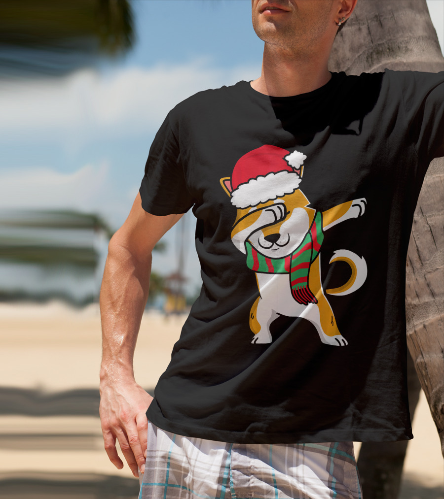 Dabbing Shiba Dog Christmas Santa Hat Scarf T-Shirt