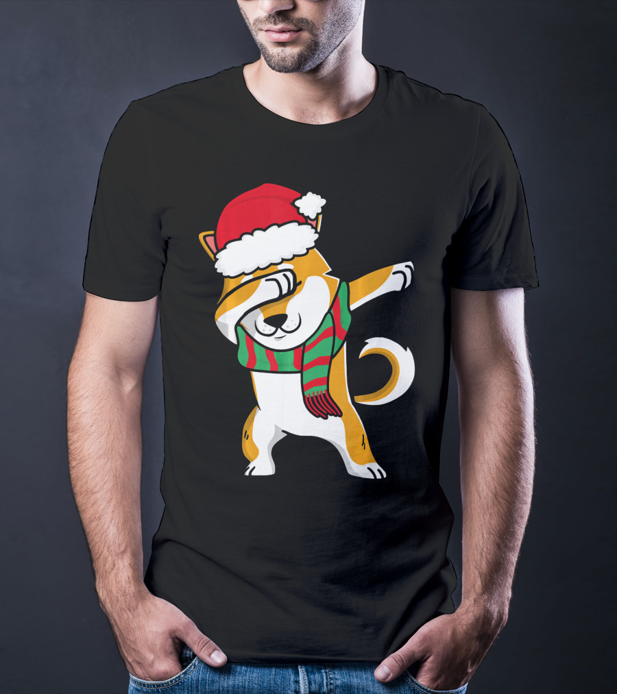 Dabbing Shiba Dog Christmas Santa Hat Scarf T-Shirt