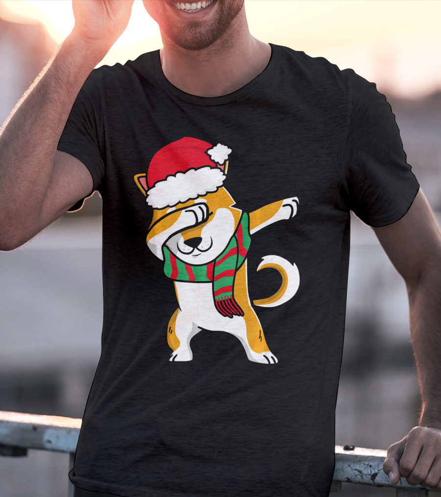 Dabbing Shiba Dog Christmas Santa Hat Scarf T-Shirt