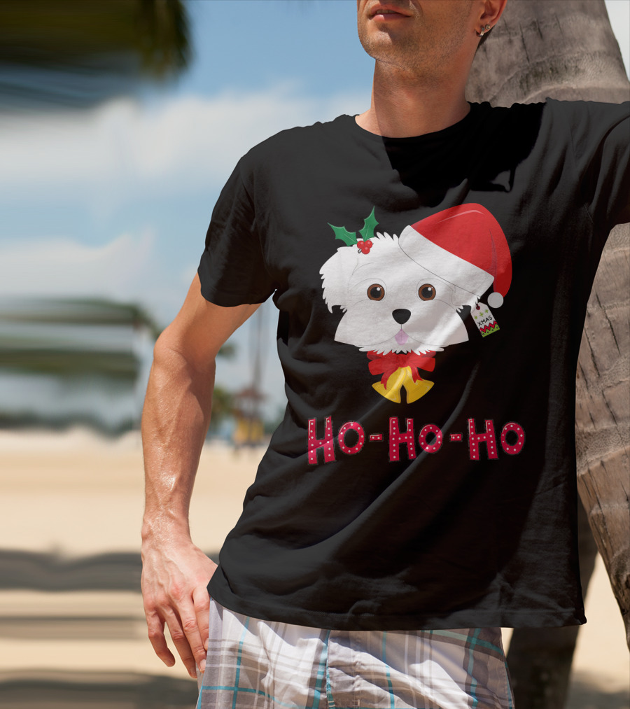 Maltese Dog In Santa Hat With Holly And Ho-Ho-Ho Text T-Shirt
