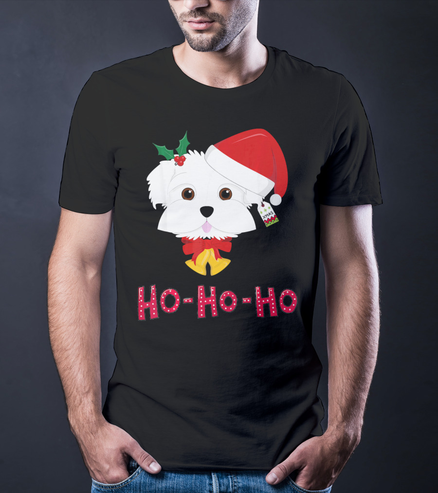 Maltese Dog In Santa Hat With Holly And Ho-Ho-Ho Text T-Shirt