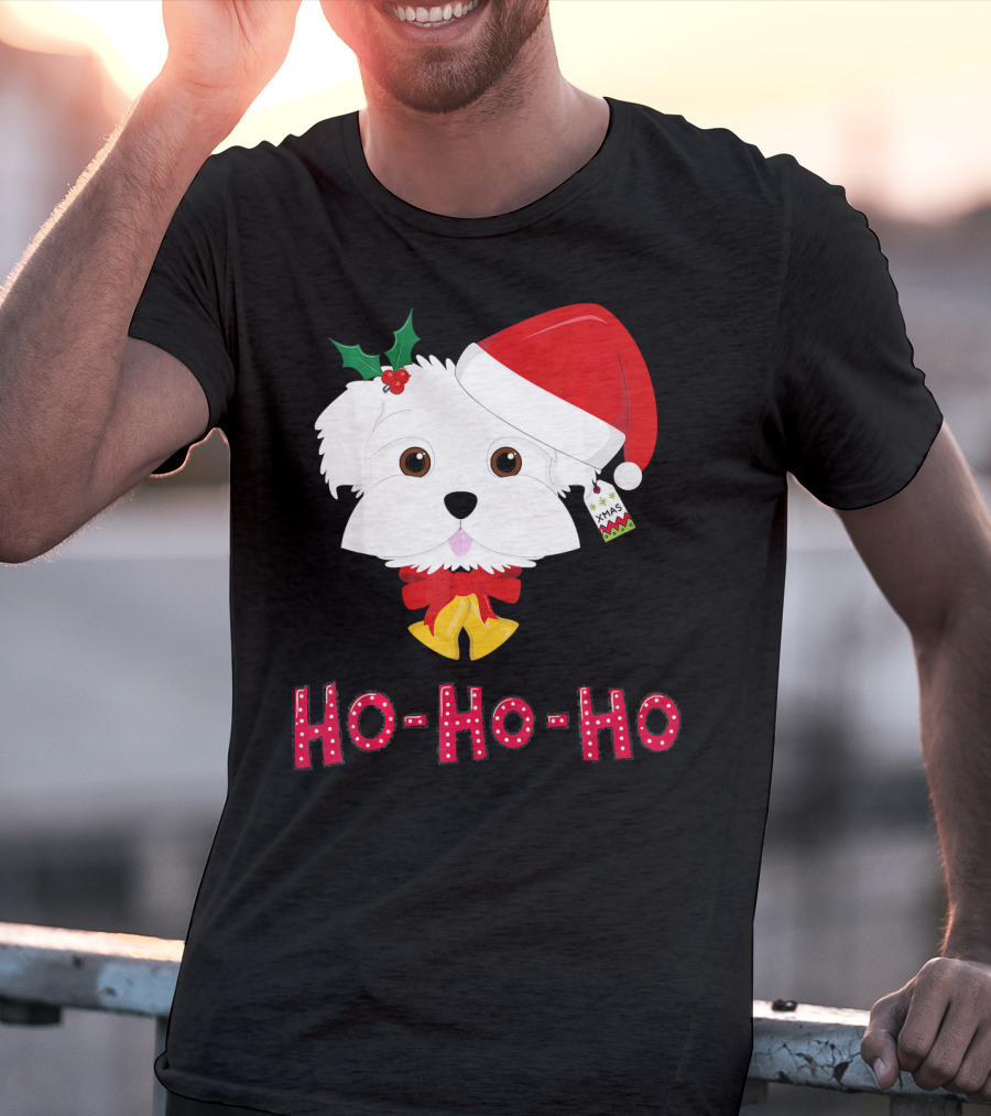 Maltese Dog In Santa Hat With Holly And Ho-Ho-Ho Text T-Shirt