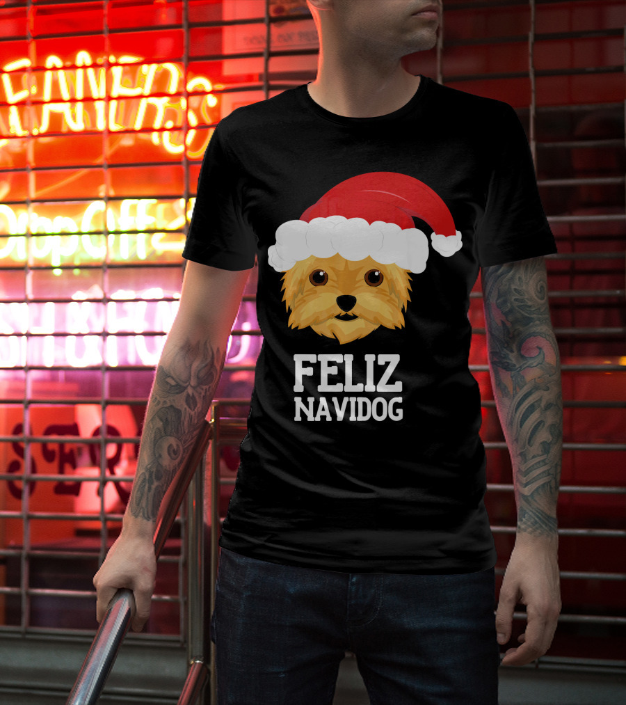 Feliz Navidog Merry Christmas Yorksh Dog Santa Hat T-Shirt