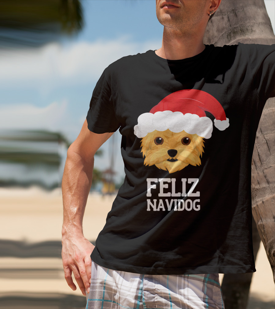 Feliz Navidog Merry Christmas Yorksh Dog Santa Hat T-Shirt