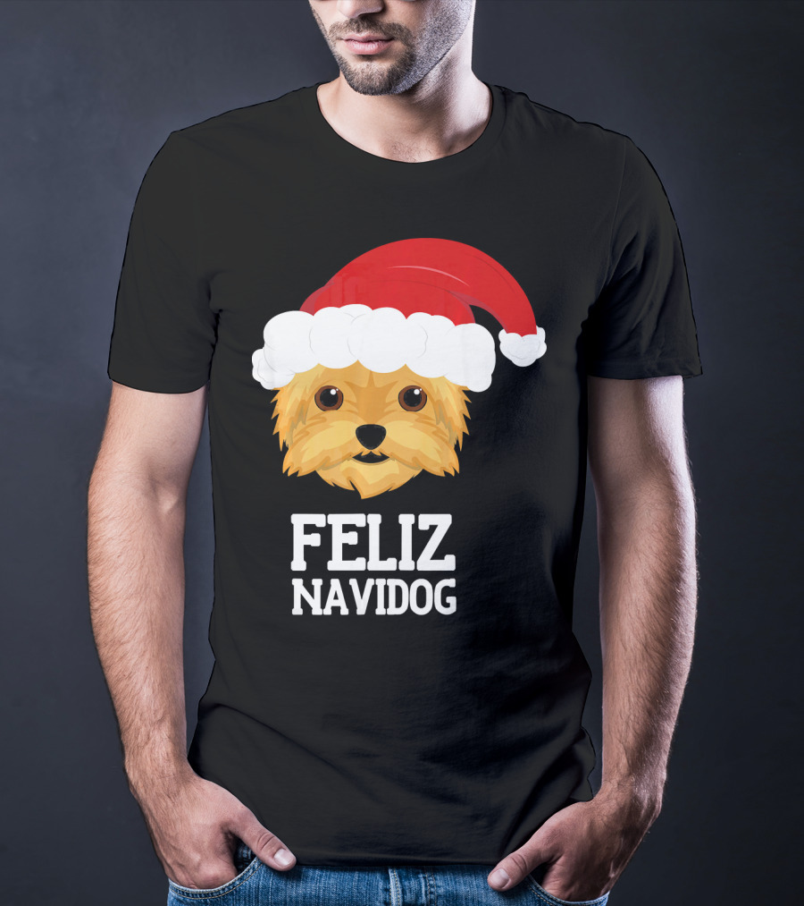 Feliz Navidog Merry Christmas Yorksh Dog Santa Hat T-Shirt