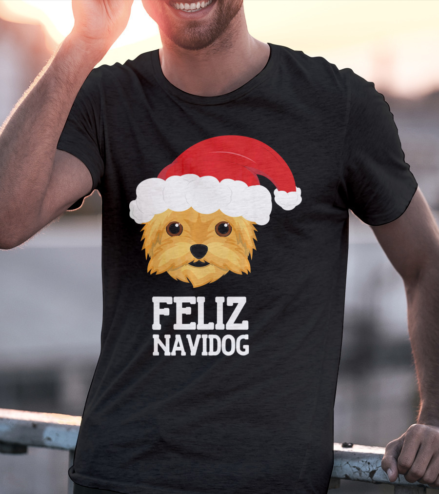 Feliz Navidog Merry Christmas Yorksh Dog Santa Hat T-Shirt