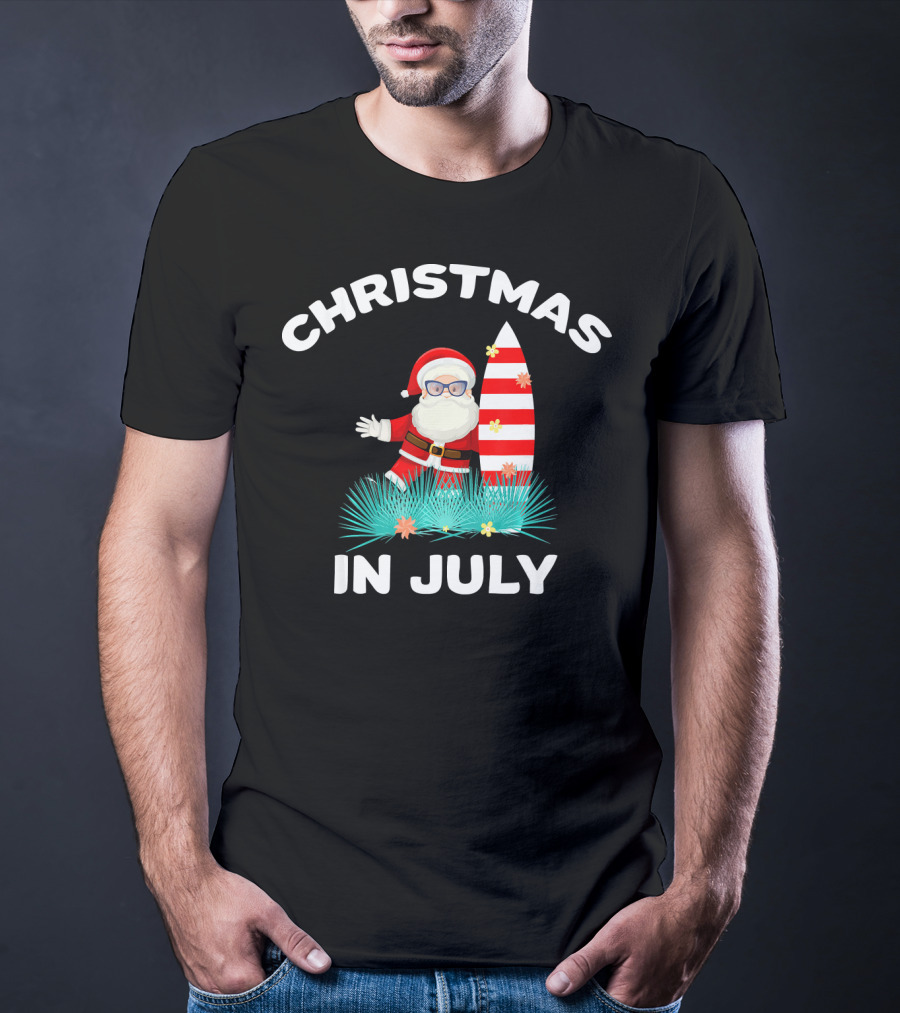 Christmas In July Santa Surfing With Hawaiian Flair T-Shirt