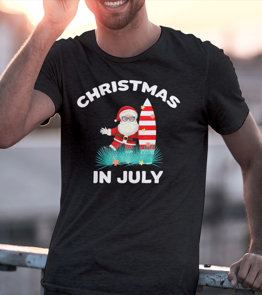 Christmas In July Santa Surfing With Hawaiian Flair T-Shirt