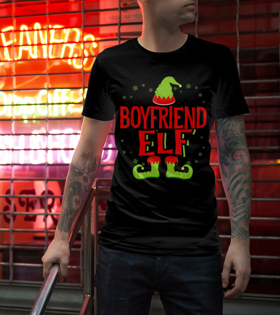 BOYFRIEND ELF Christmas Hat Boots Snowflakes T-Shirt