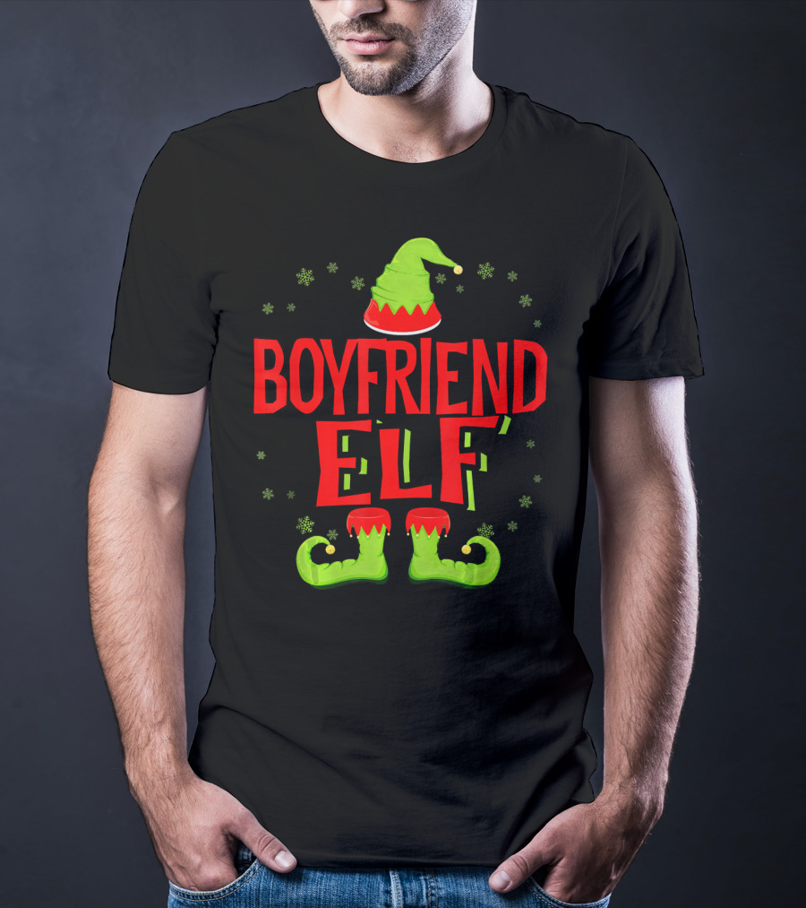 BOYFRIEND ELF Christmas Hat Boots Snowflakes T-Shirt