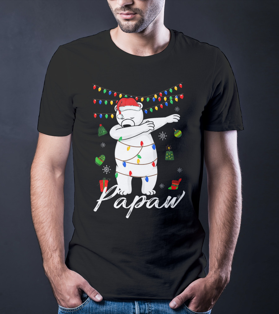 Papaw Bear Dabbing With Santa Hat And Christmas Lights And Gifts T-Shirt