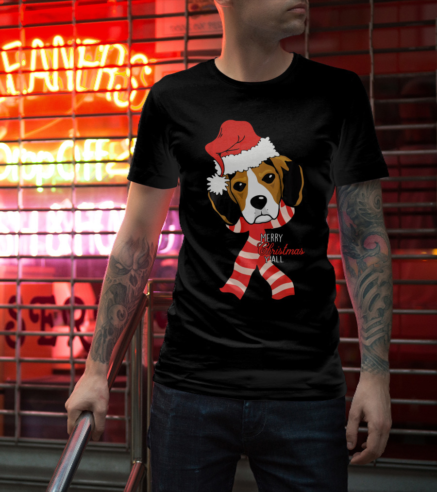 Merry Christmas Y'all Beagle Dog In Santa Hat And Striped Pajamas T-Shirt