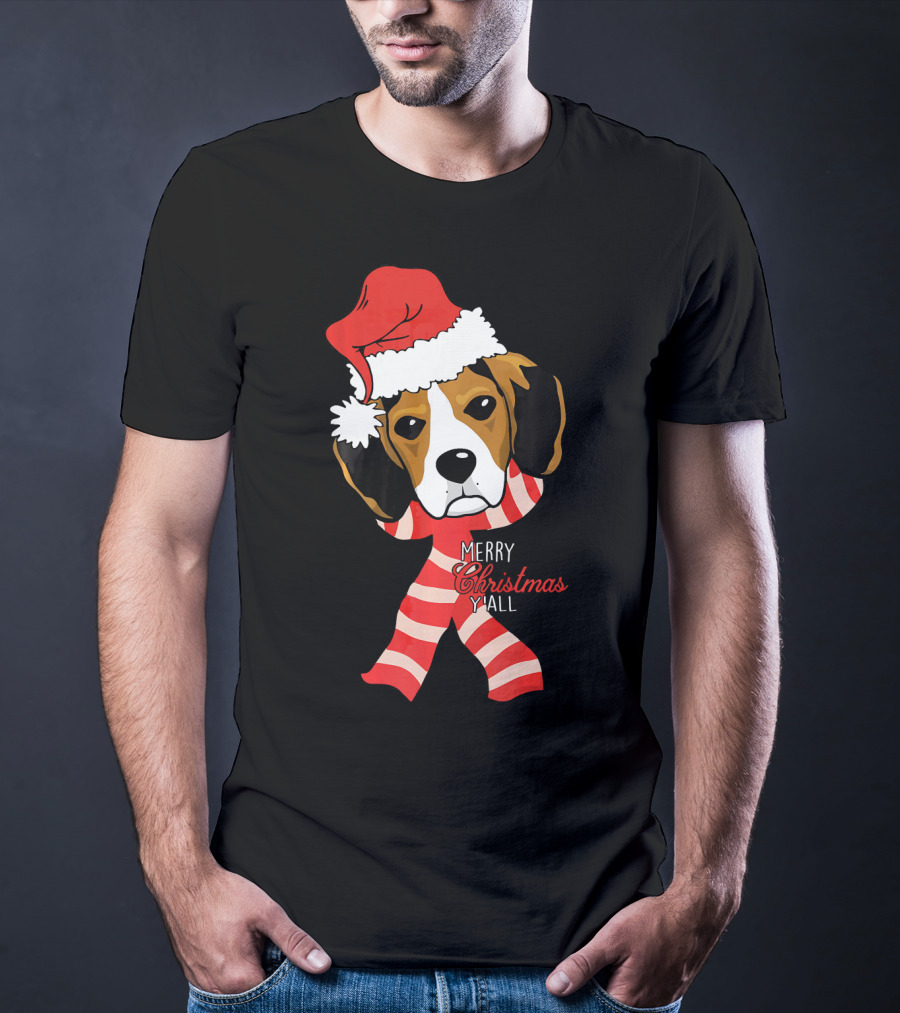 Merry Christmas Y'all Beagle Dog In Santa Hat And Striped Pajamas T-Shirt